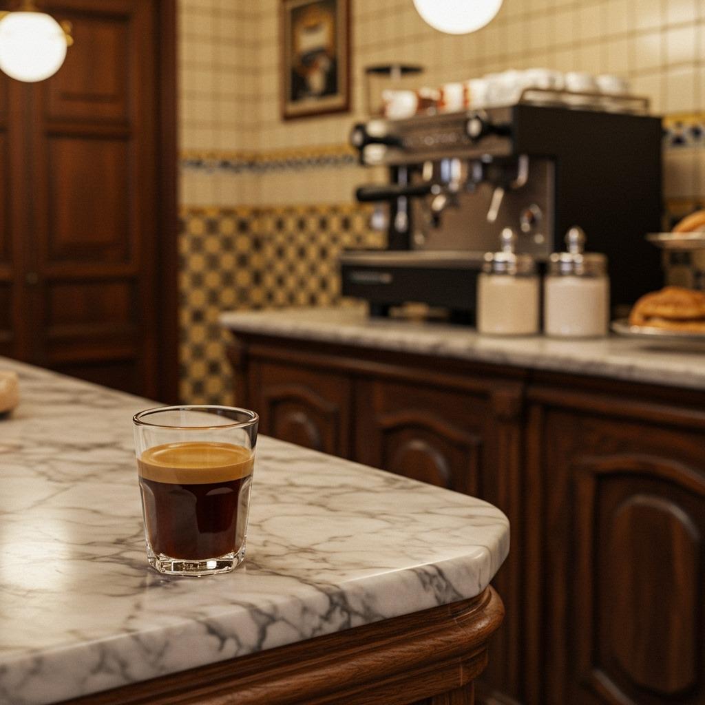 Traditional Spanish café interior with a cortado served in a small glass on a marble counter, warm natural lighting, authentic European atmosphere