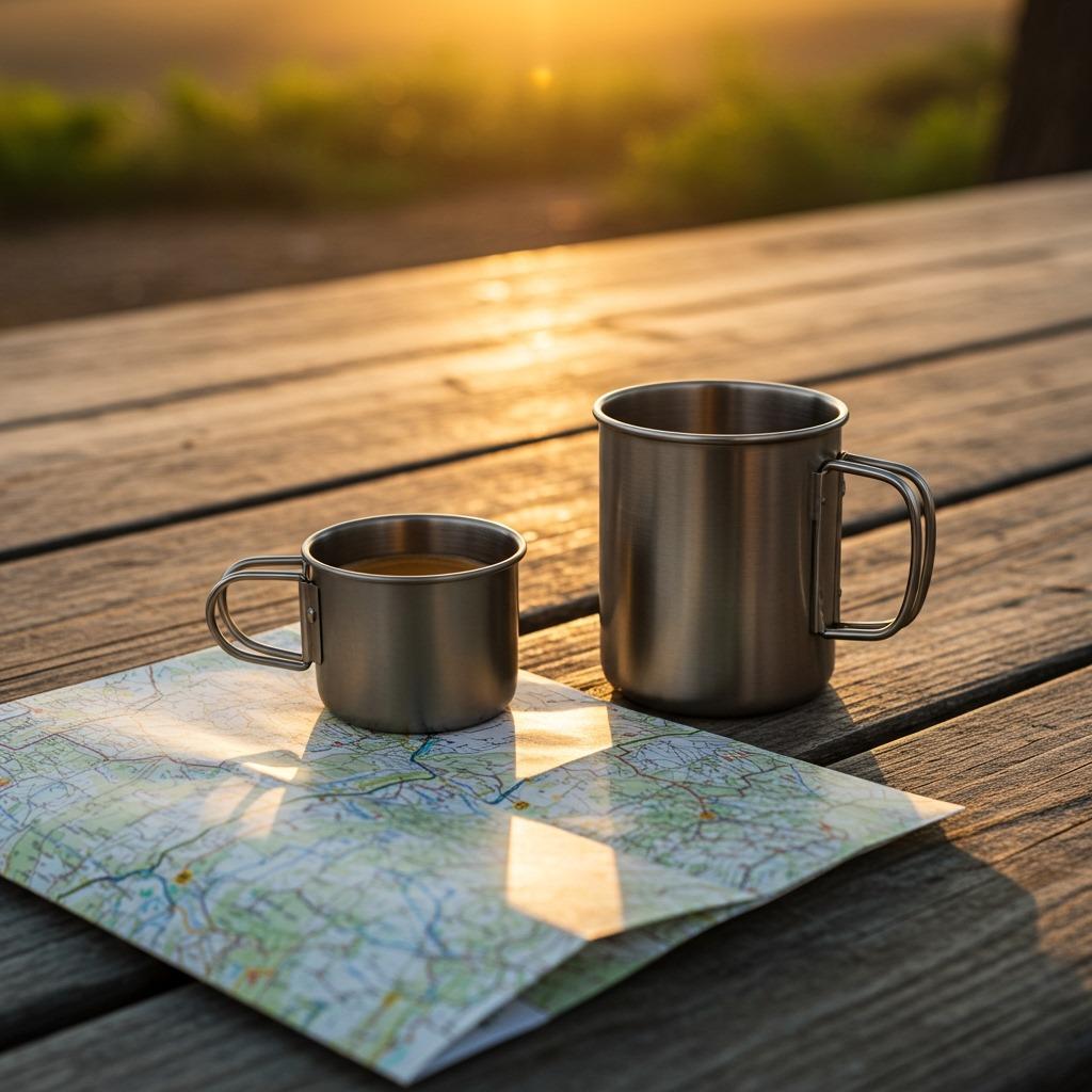 Two camping mugs side by side - small espresso cup and large regular coffee mug - on a wooden picnic table with trail map, golden hour lighting