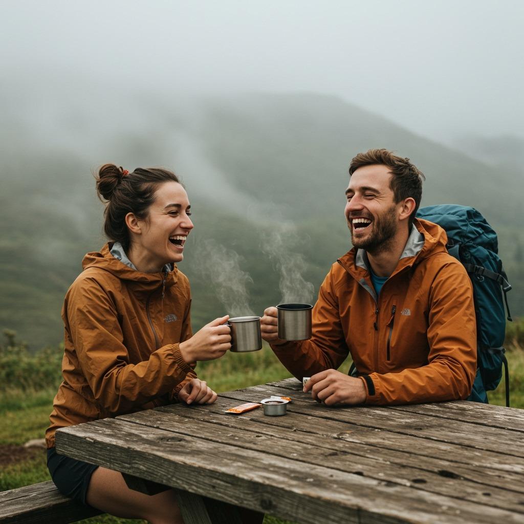 Two laughing hikers at a rustic picnic table, holding steaming mugs of coffee and passing around instant coffee packets, with a misty mountain view behind — high-resolution, candid storytelling