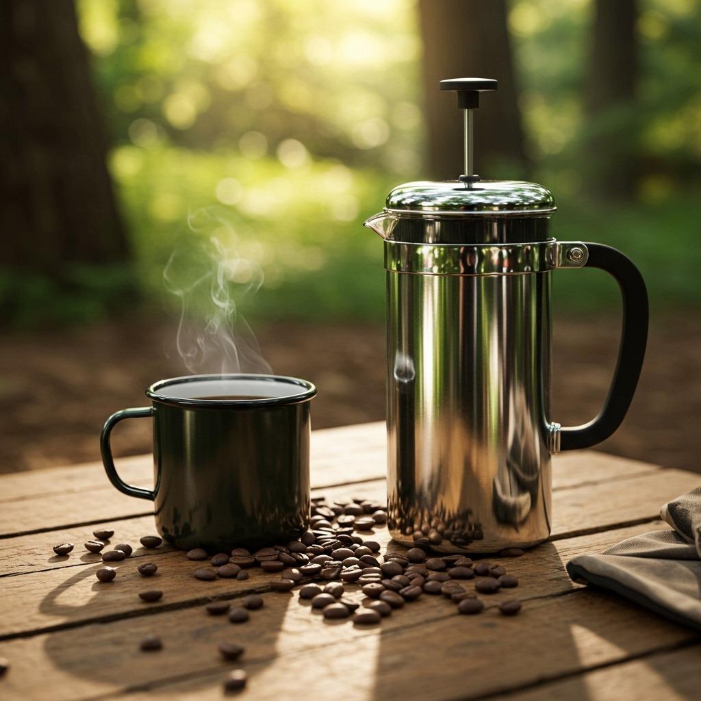 Various coffee beans scattered around a French press with a camping mug, wooden camp table setting, forest background with dappled sunlight — rustic coffee lifestyle photography