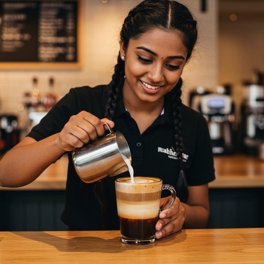 A barista preparing a mocha coffee showing layers of espresso, chocolate syrup, and steamed milk being combined in a clear glass mug A café setting, professional preparation, detailed process