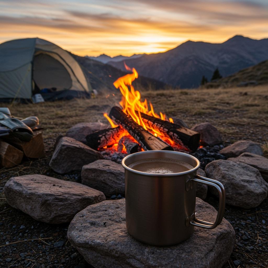 A camping mug filled with mocha coffee next to a campfire with mountains in the background A golden hour lighting, outdoor adventure setting, rustic camping gear visible
