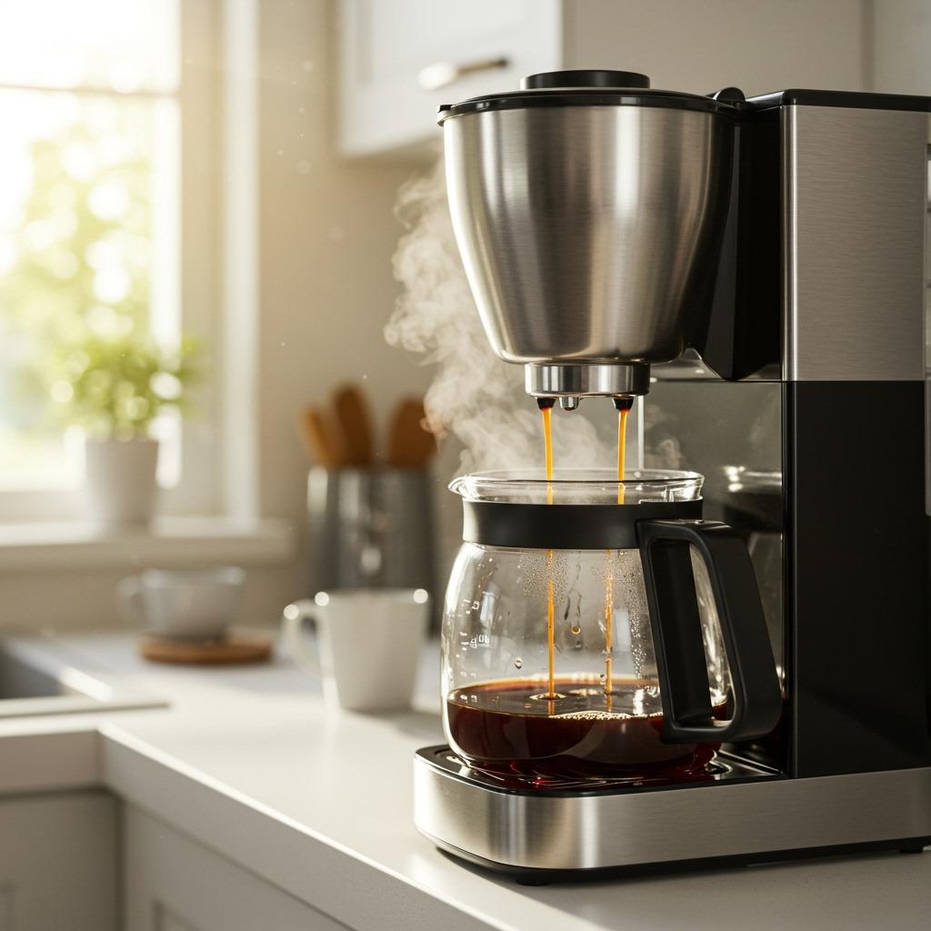 A coffee maker in action with steaming coffee dripping into a glass carafe, kitchen counter setting with morning sunlight, steam visible rising from the brewing coffee