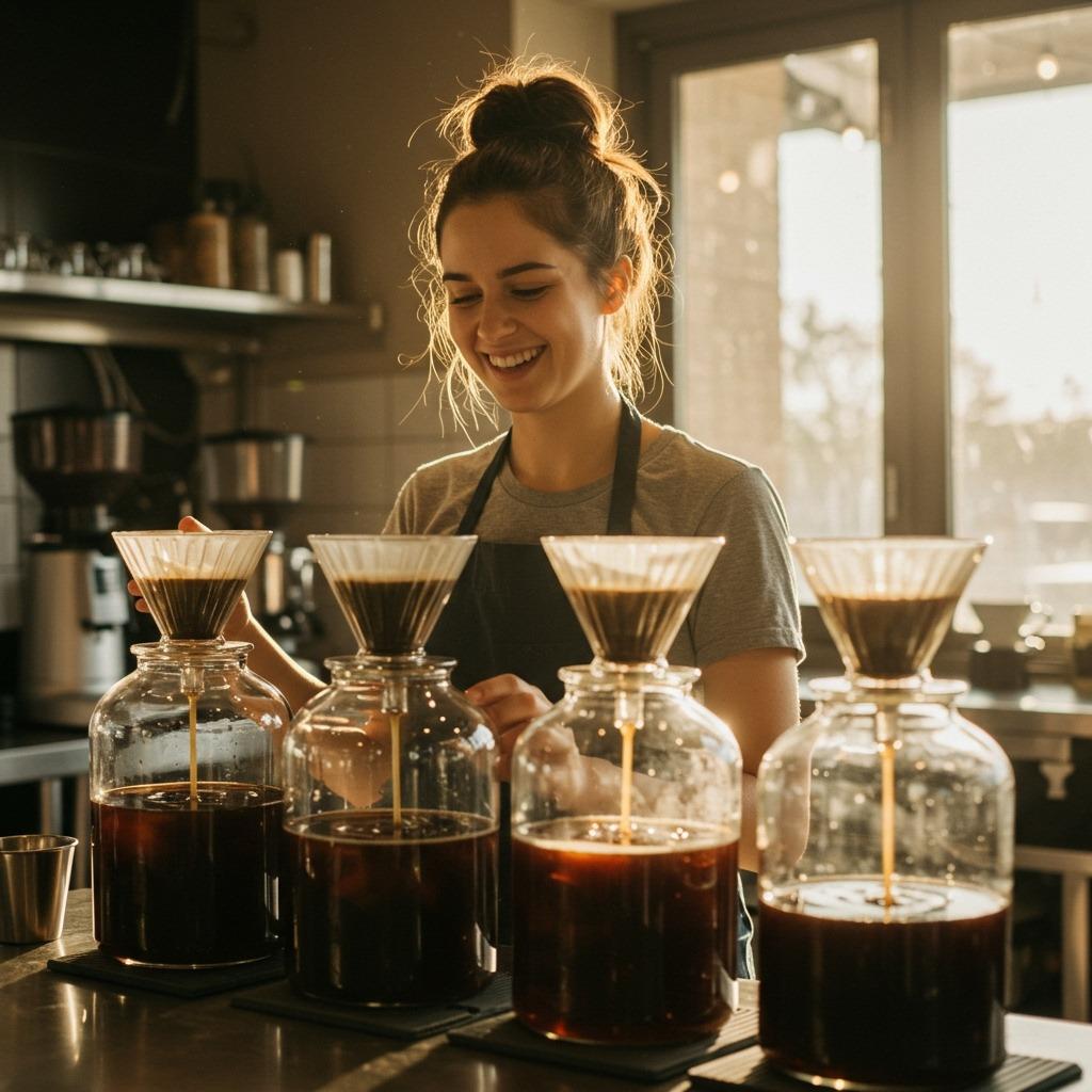 A coffee shop barista preparing cold brew in large glass containers with coarse coffee grounds steeping in water, industrial kitchen setting with morning sunlight