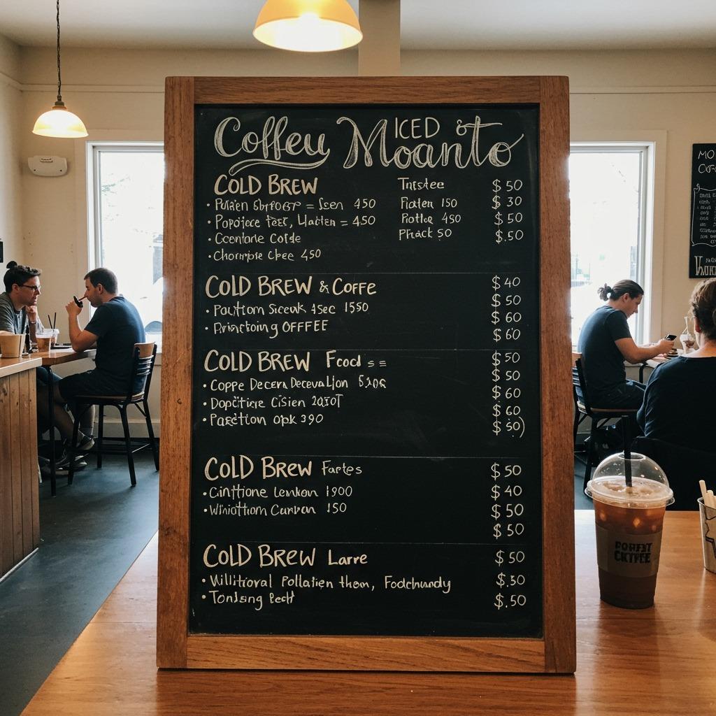 A coffee shop menu board showing both cold brew and iced coffee options with prices, chalk lettering on a board, café atmosphere with customers in the background