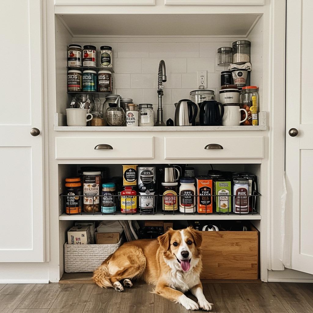 A concerned dog owner on the phone with a veterinarian while a small dog sits nearby, with spilled coffee and an empty mug visible on a kitchen counter — realistic, urgent but controlled atmosphere