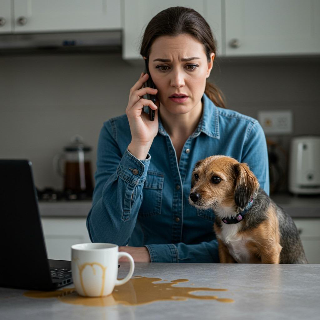 A concerned dog owner on the phone with a veterinarian while a small dog sits nearby, with spilled coffee and an empty mug visible on a kitchen counter — realistic, urgent but controlled atmosphere
