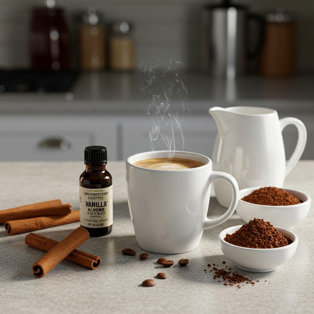 A kitchen counter with various low-calorie coffee additions including cinnamon sticks, vanilla extract, unsweetened almond milk, and cocoa powder arranged around a steaming cup of coffee