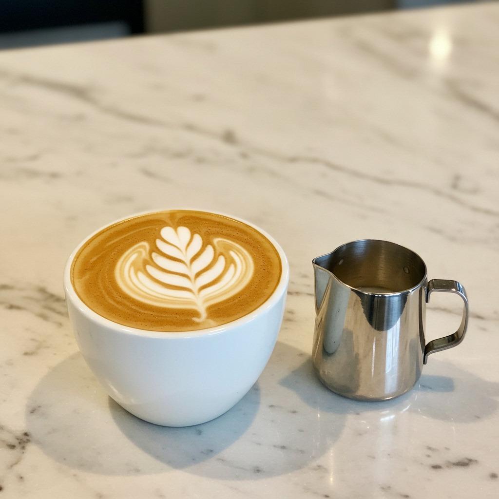 A latte with beautiful foam art in a white ceramic cup on a marble counter with a small pitcher of steamed milk nearby - bright, clean lighting, café aesthetic