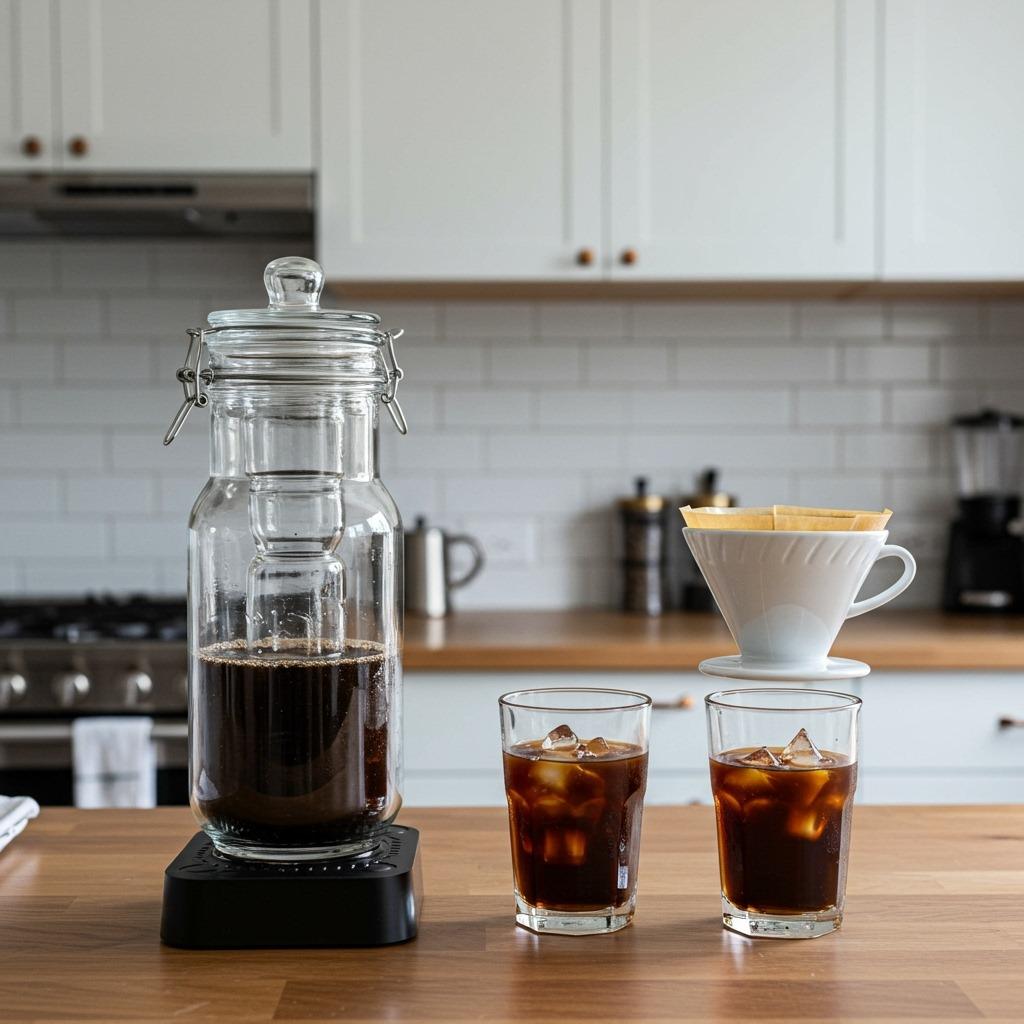 A modern kitchen counter with cold brew equipment, including a large glass jar with coffee grounds steeping and an iced coffee setup with a pour-over dripper over ice-filled glasses