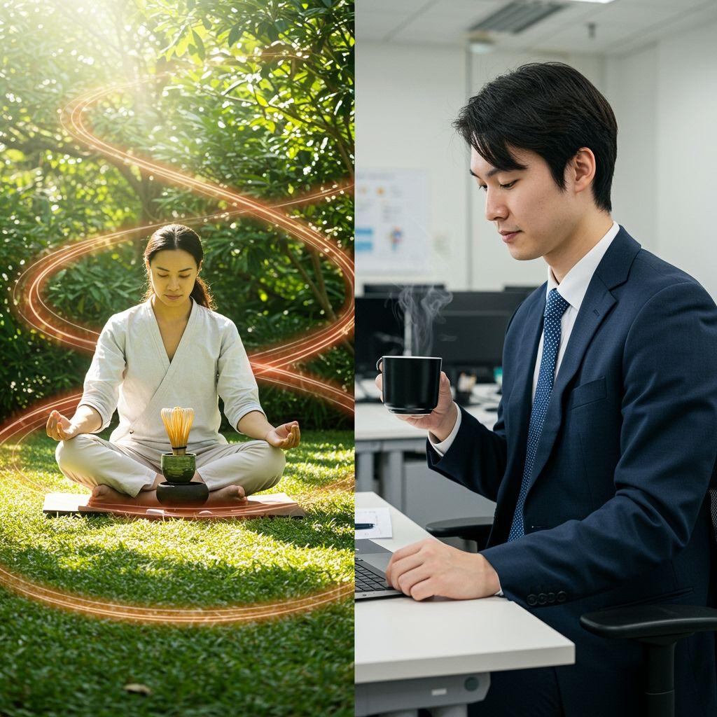 A peaceful meditation scene with someone drinking matcha tea, contrasted with a busy office worker drinking coffee, showing different energy states with flowing energy lines