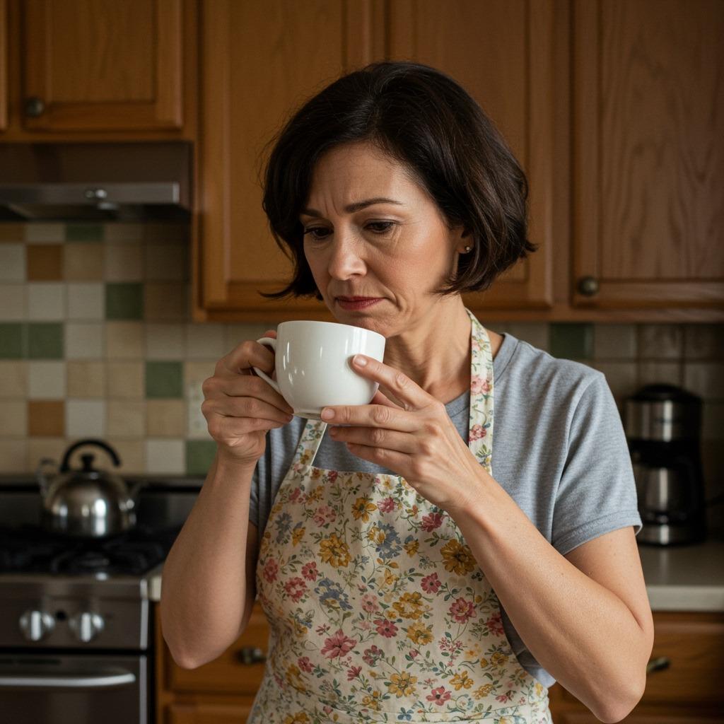 A person checking a cup of coffee by smelling it, kitchen setting in background, natural expression of uncertainty - candid, realistic lighting