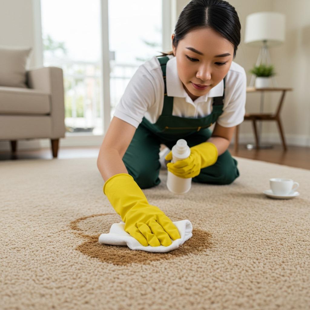 A person cleaning coffee stains from carpet using cleaning solution and cloth ",indoor setting, detailed cleaning process, professional appearance