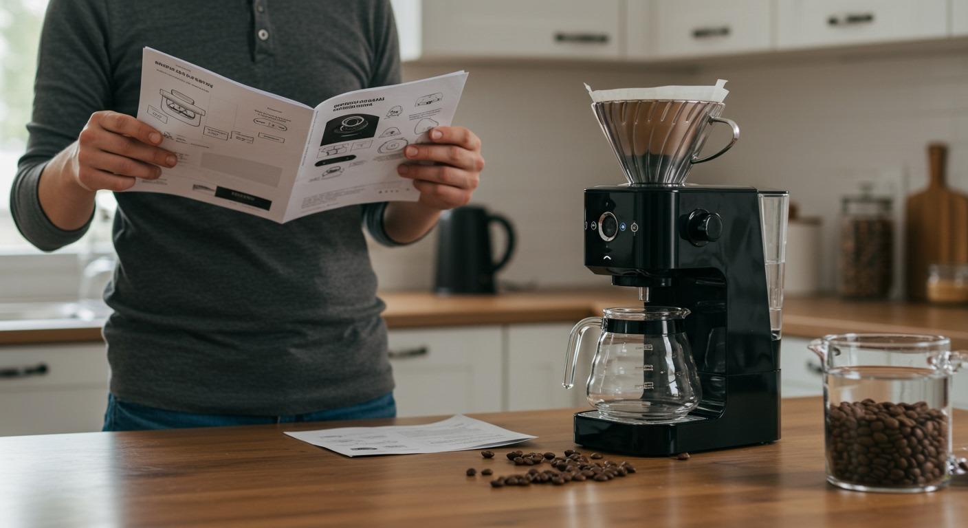 A person standing confused in front of a modern drip coffee maker in a bright kitchen, looking at the instruction manual, coffee beans and water visible on the counter, morning natural lighting