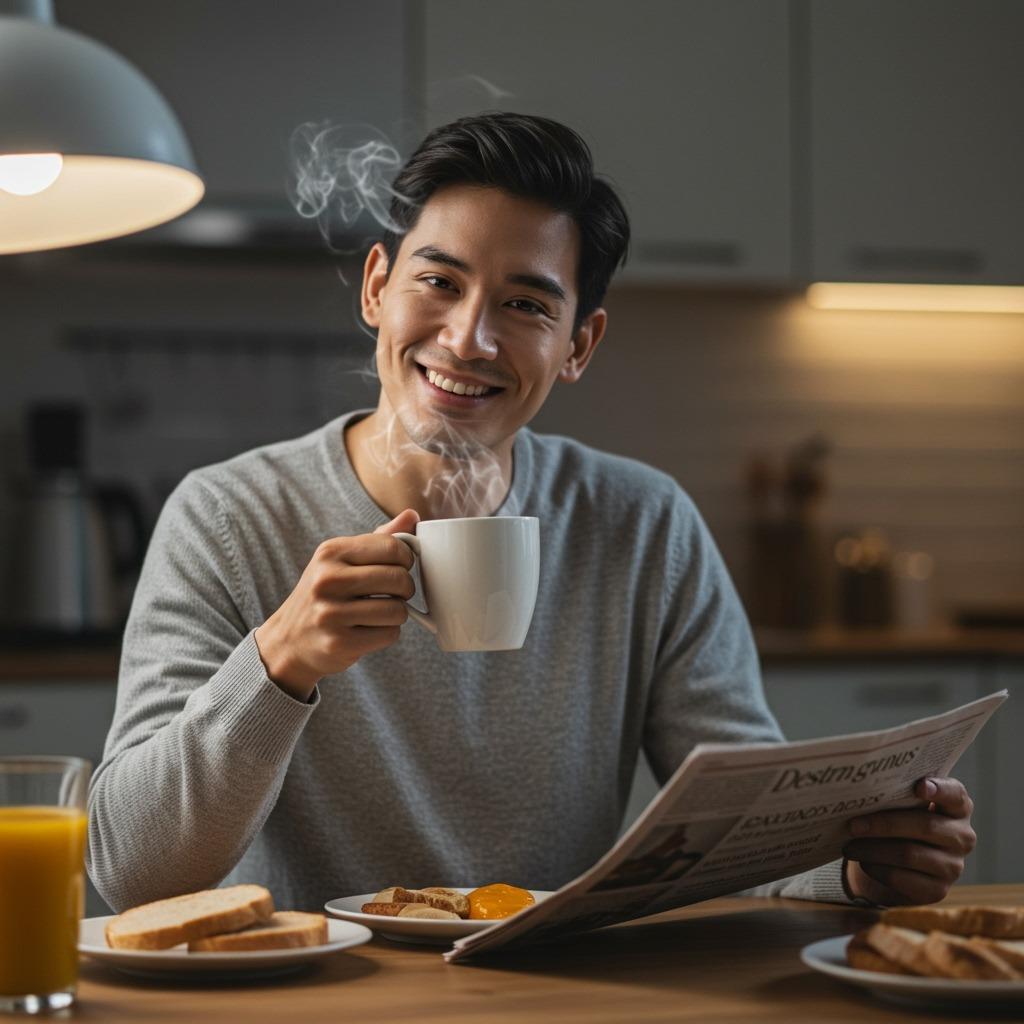 A satisfied person sitting at a breakfast table holding a steaming mug of freshly brewed coffee with a smile, morning newspaper and breakfast visible, warm kitchen lighting creating a cozy atmosphere