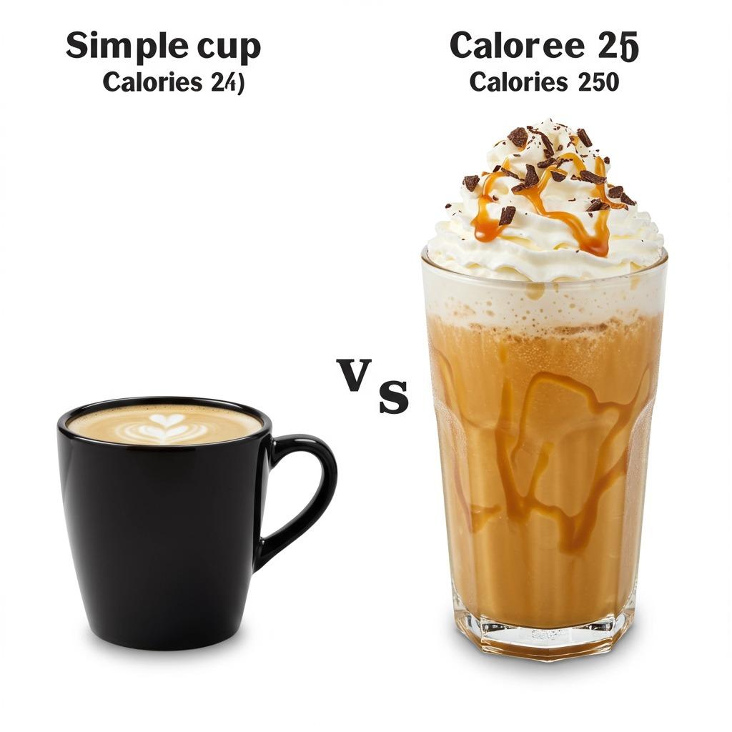 A side-by-side comparison showing a simple black coffee cup next to an elaborate coffee shop drink topped with whipped cream, with calorie counts displayed above each