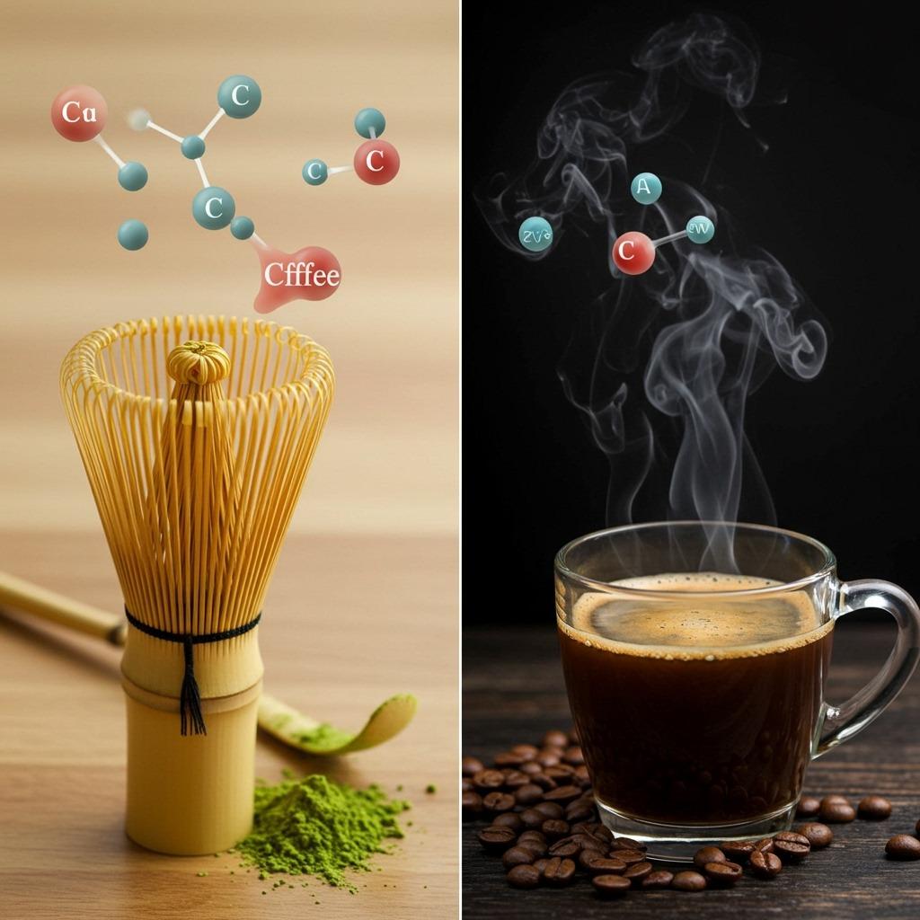 A side-by-side comparison showing a traditional bamboo whisk with bright green matcha powder next to a steaming cup of dark coffee, with caffeine molecules illustrated floating above each