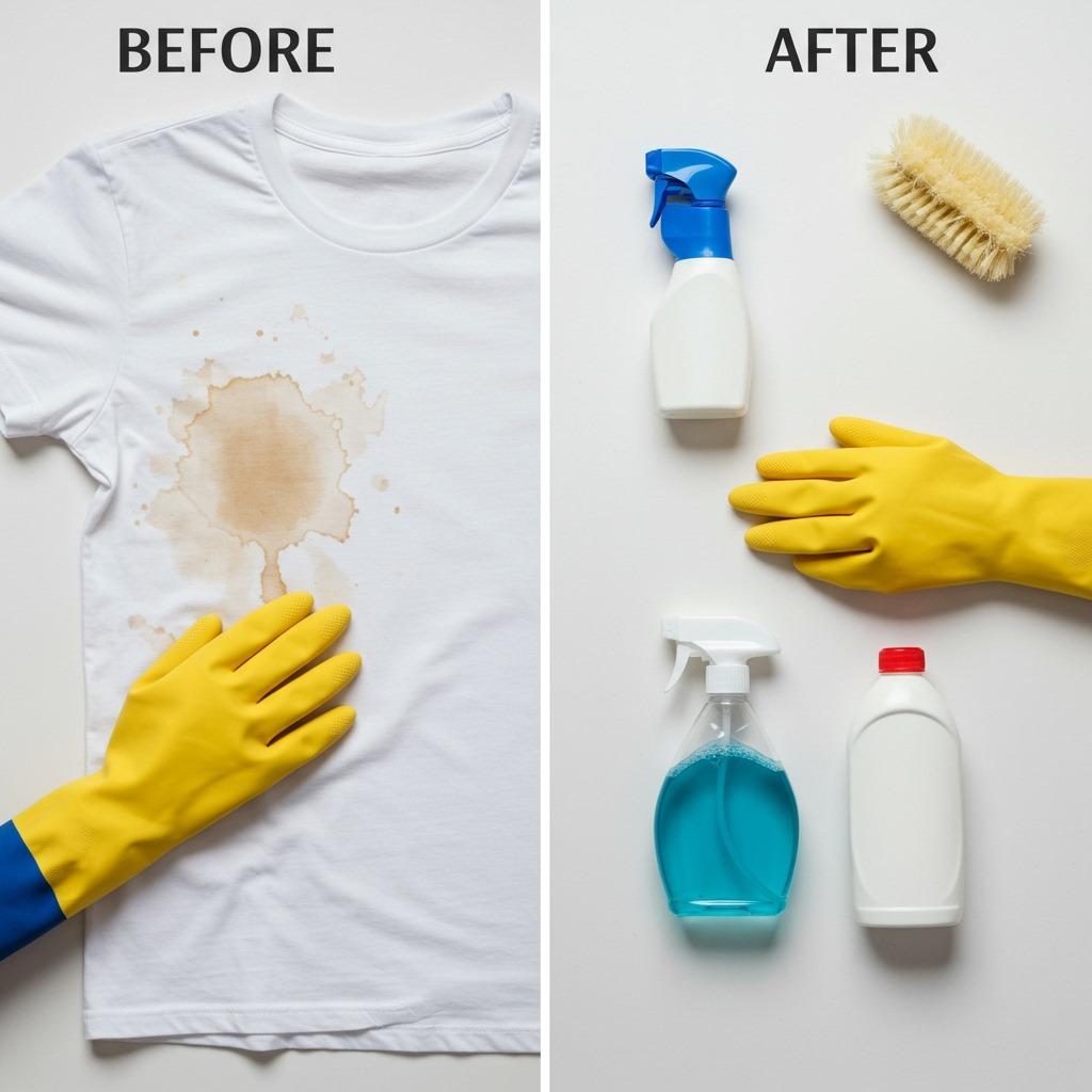Before and after comparison of a white t-shirt with coffee stain removal process, showing stained shirt on left and clean shirt on right with cleaning supplies in between — clear, educational style