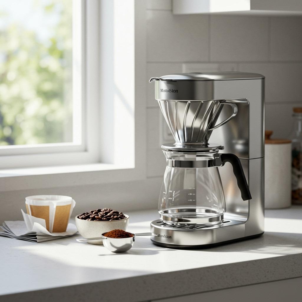 Clean modern drip coffee maker on kitchen counter with coffee beans, paper filter, and measuring scoop nearby - bright morning light, organized setup