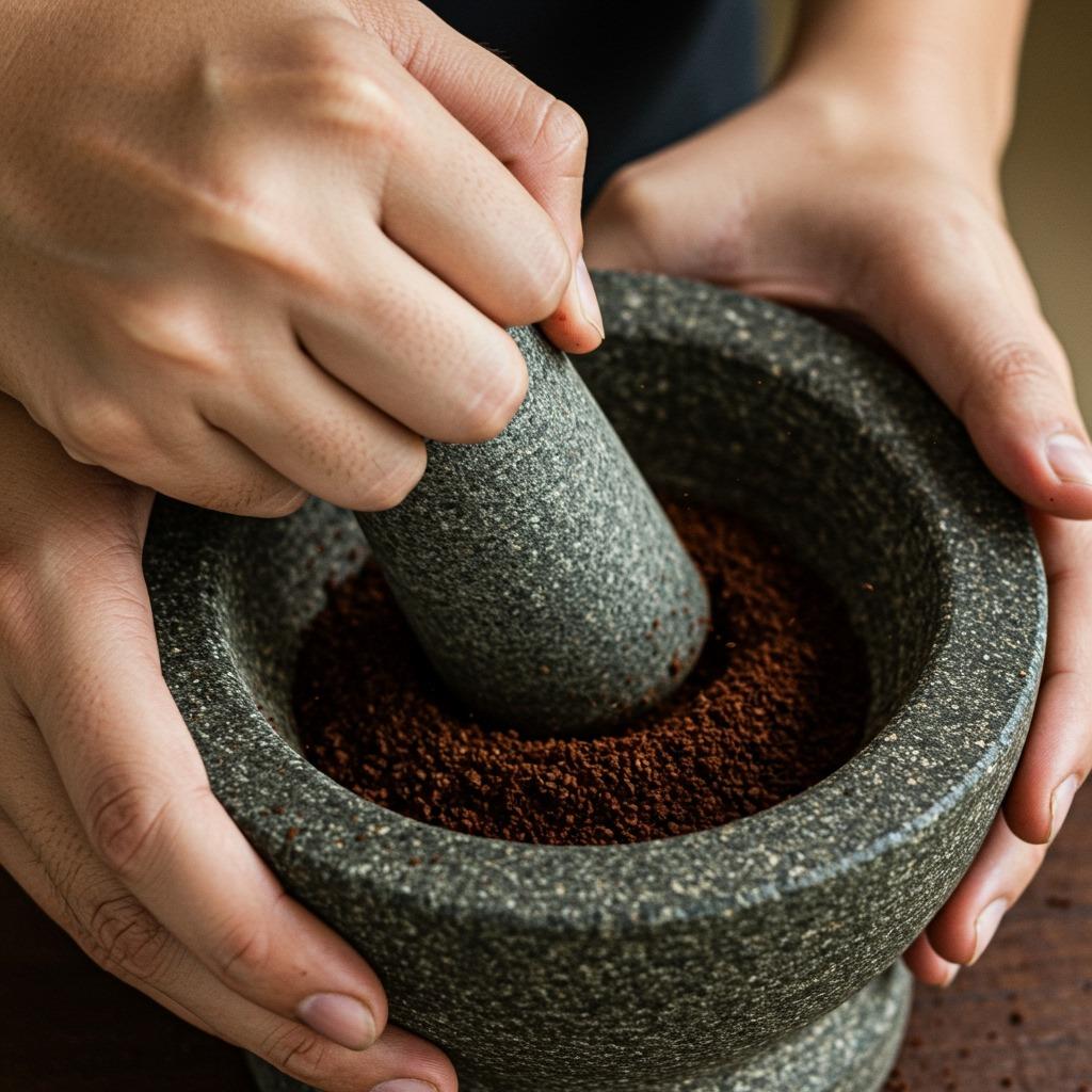 Close-up hands using stone mortar and pestle to grind coffee beans, showing the crushing and grinding motion with coffee grounds visible - detailed action shot, natural lighting