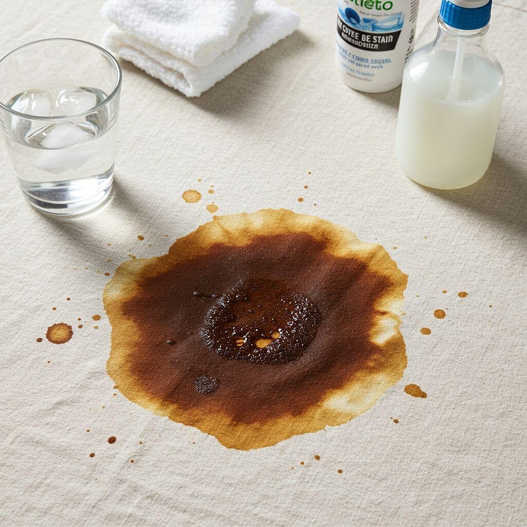 Close-up of a coffee stain on light-colored fabric with cleaning supplies nearby including white cloth, cold water, and stain remover — realistic, detailed texture, helpful lighting
