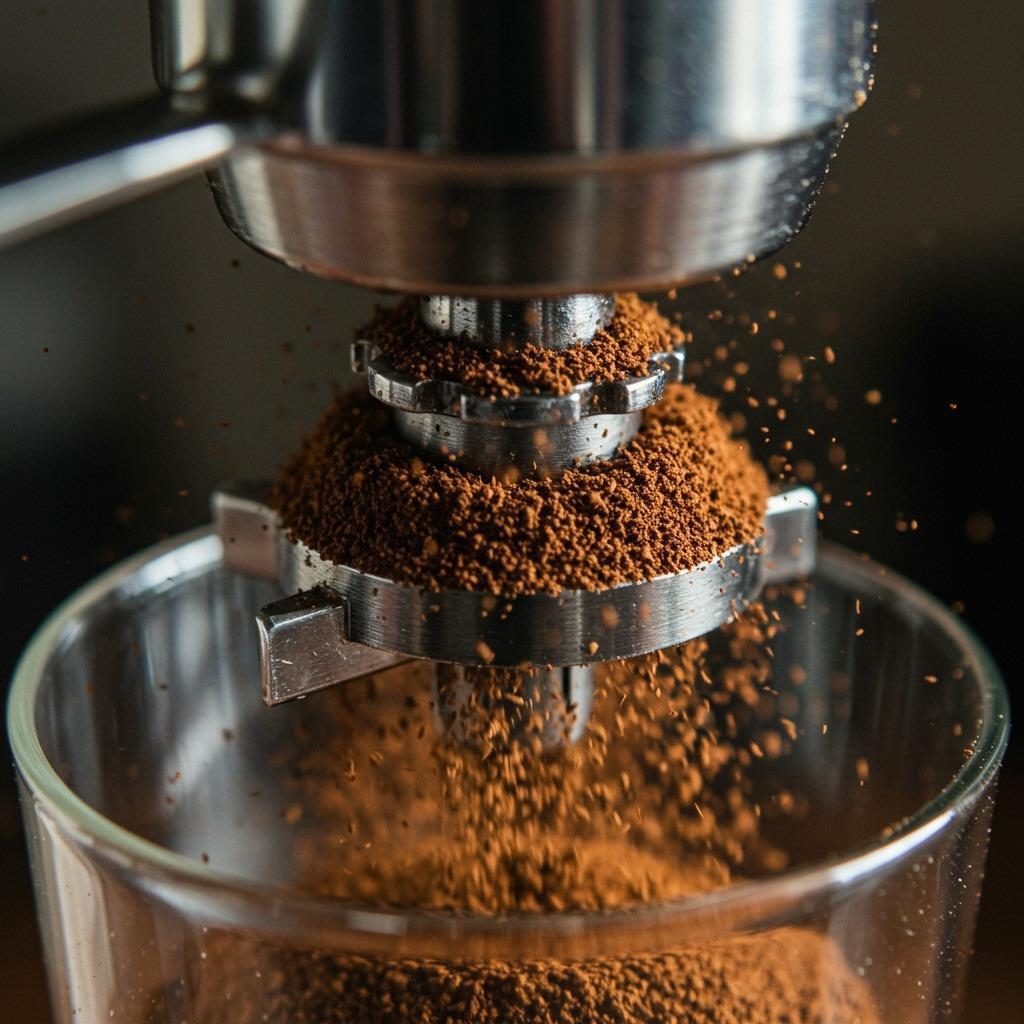Coffee beans being ground in a burr grinder, showing the medium grind consistency falling into container - detailed close-up, natural lighting