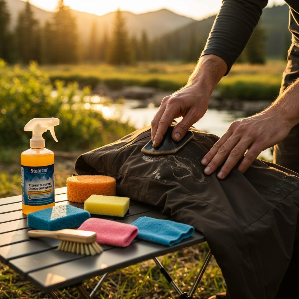 Hands treating a coffee stain on outdoor hiking clothing with cleaning supplies laid out on a camping table ",natural outdoor setting, realistic cleaning process