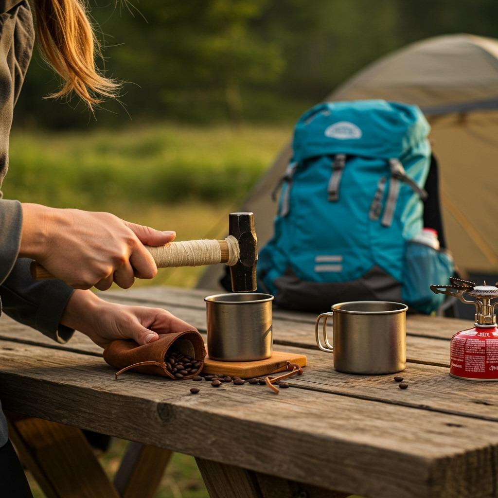 Outdoor camping scene showing someone using wrapped hammer method to grind coffee beans on a wooden picnic table, camping gear visible in background - natural outdoor lighting, adventure atmosphere