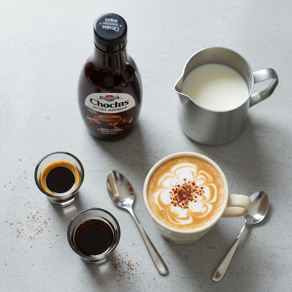 Overhead view of homemade mocha preparation showing ingredients laid out on a kitchen counter including espresso shot, chocolate syrup, steamed milk, and finished mocha Abright kitchen lighting, organized workspace