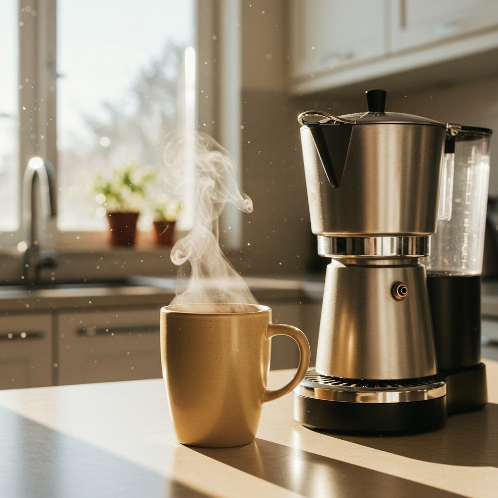 Perfect cup of freshly brewed coffee in ceramic mug next to modern coffee maker, steam rising, morning sunlight through kitchen window - warm, inviting atmosphere