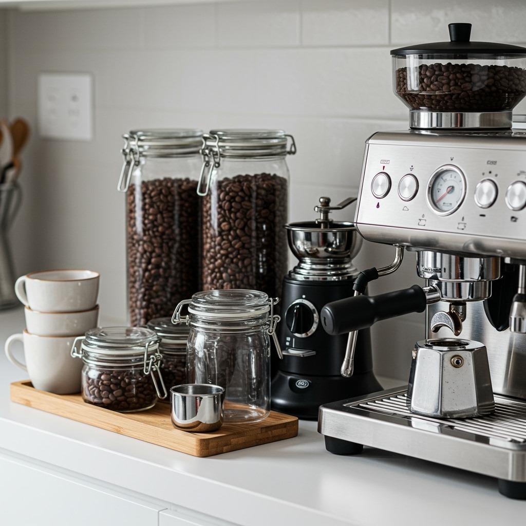 Professional-looking coffee setup showing proper storage containers, fresh beans, and brewing equipment organized on a kitchen counter - clean, bright lighting