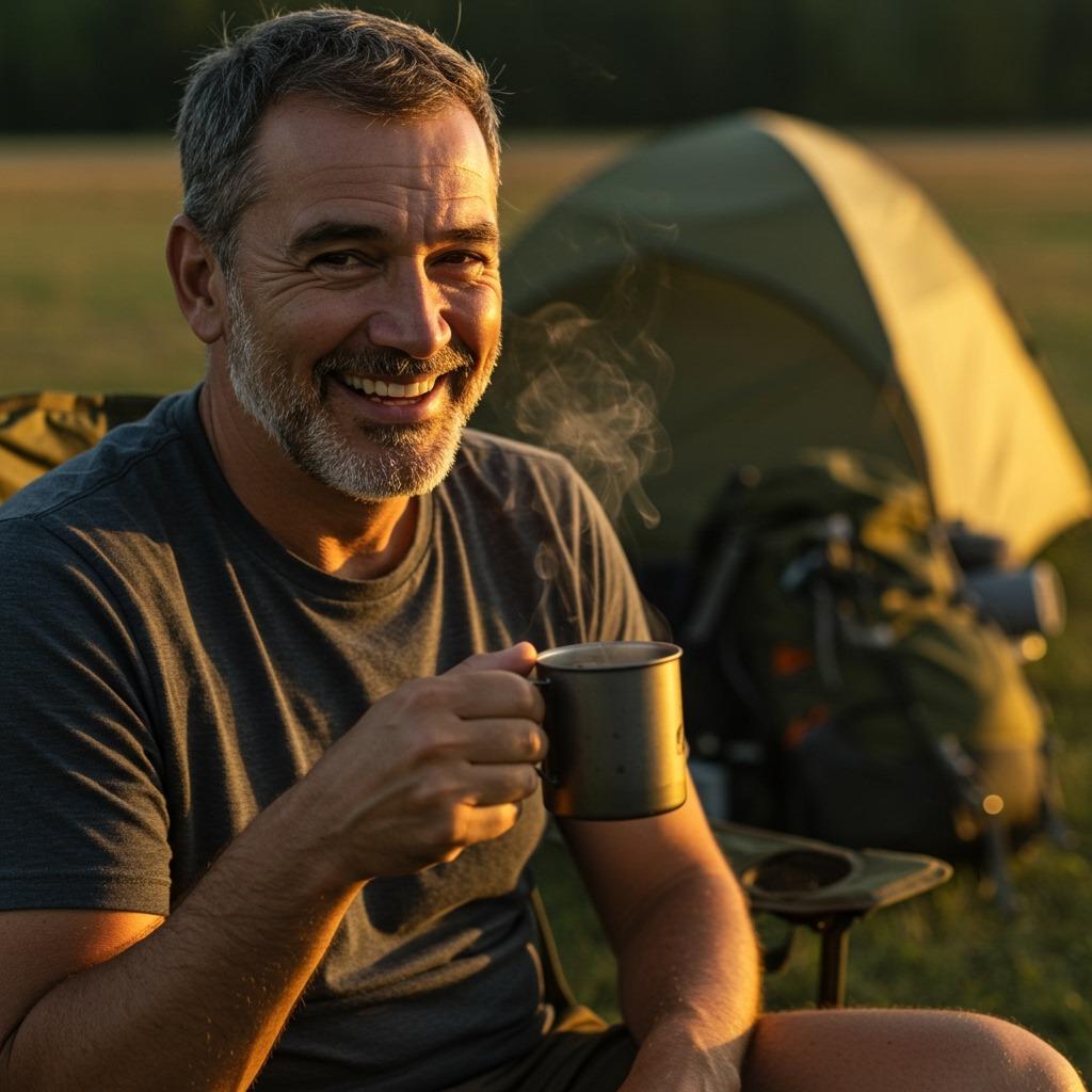 Satisfied person enjoying freshly brewed coffee made from alternatively ground beans, outdoor setting with camping gear or kitchen background visible - warm, content expression, golden hour lighting