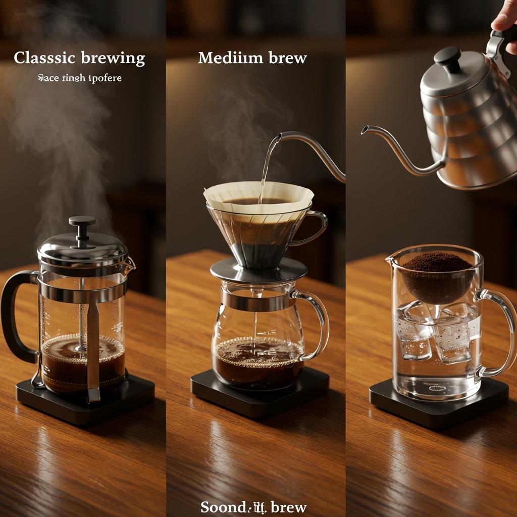 Split scene showing different coffee brewing methods using alternatively ground coffee - French press, pour-over, and cold brew setup on wooden counter - warm kitchen lighting, instructional arrangement