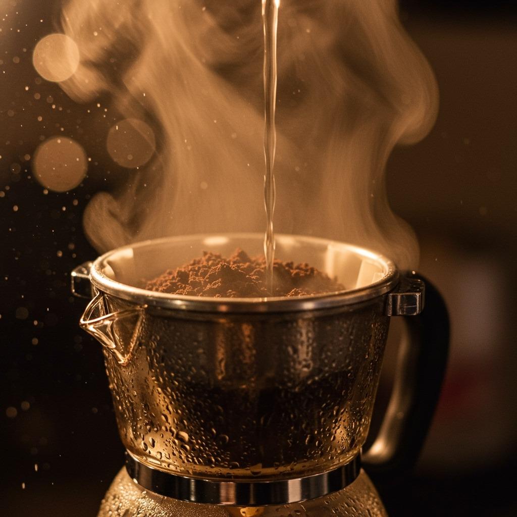 Steam rising from coffee maker basket during brewing process, close-up view showing hot water dripping through coffee grounds - warm lighting, action shot