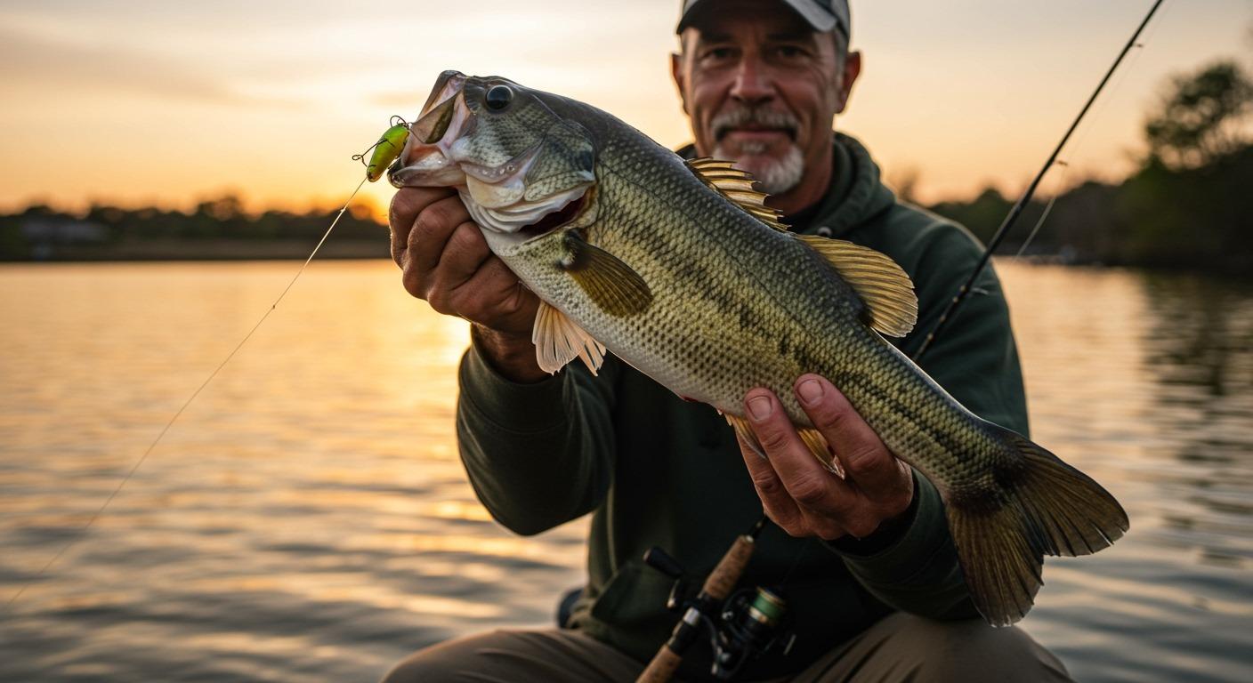 Successful angler holding a large fish with clear focus on the well-tied knot still visible in the fish's mouth, golden hour lighting on a lake celebratory, accomplished mood