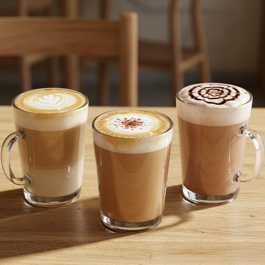 Three coffee drinks side by side on a wooden table showing the visual differences between a latte, cappuccino, and mocha A clear glass mugs, natural lighting, café atmosphere