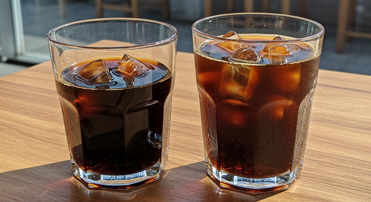 Two clear glasses side by side on a wooden table, one containing dark, cold brew coffee, the other iced coffee with visible ice cubes, natural lighting from a café window
