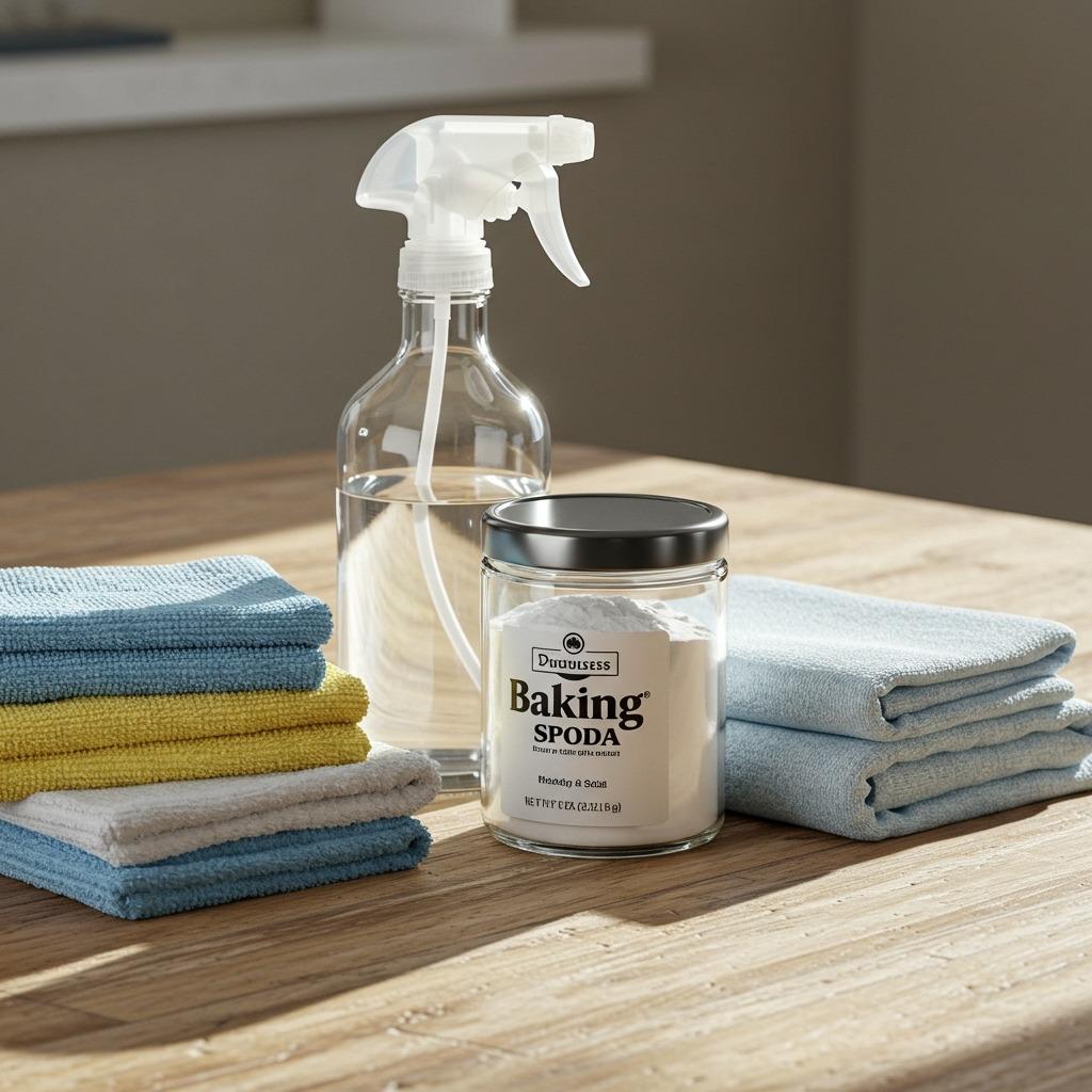 Various household cleaning supplies arranged on a wooden surface including white vinegar, baking soda, and cleaning cloths ",bright natural lighting, organized display