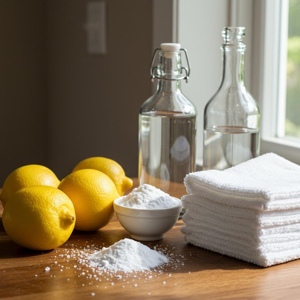 Various natural cleaning ingredients arranged on a wooden surface including lemons, salt, baking soda, white vinegar, and clean white cloths — clean, organized, helpful presentation