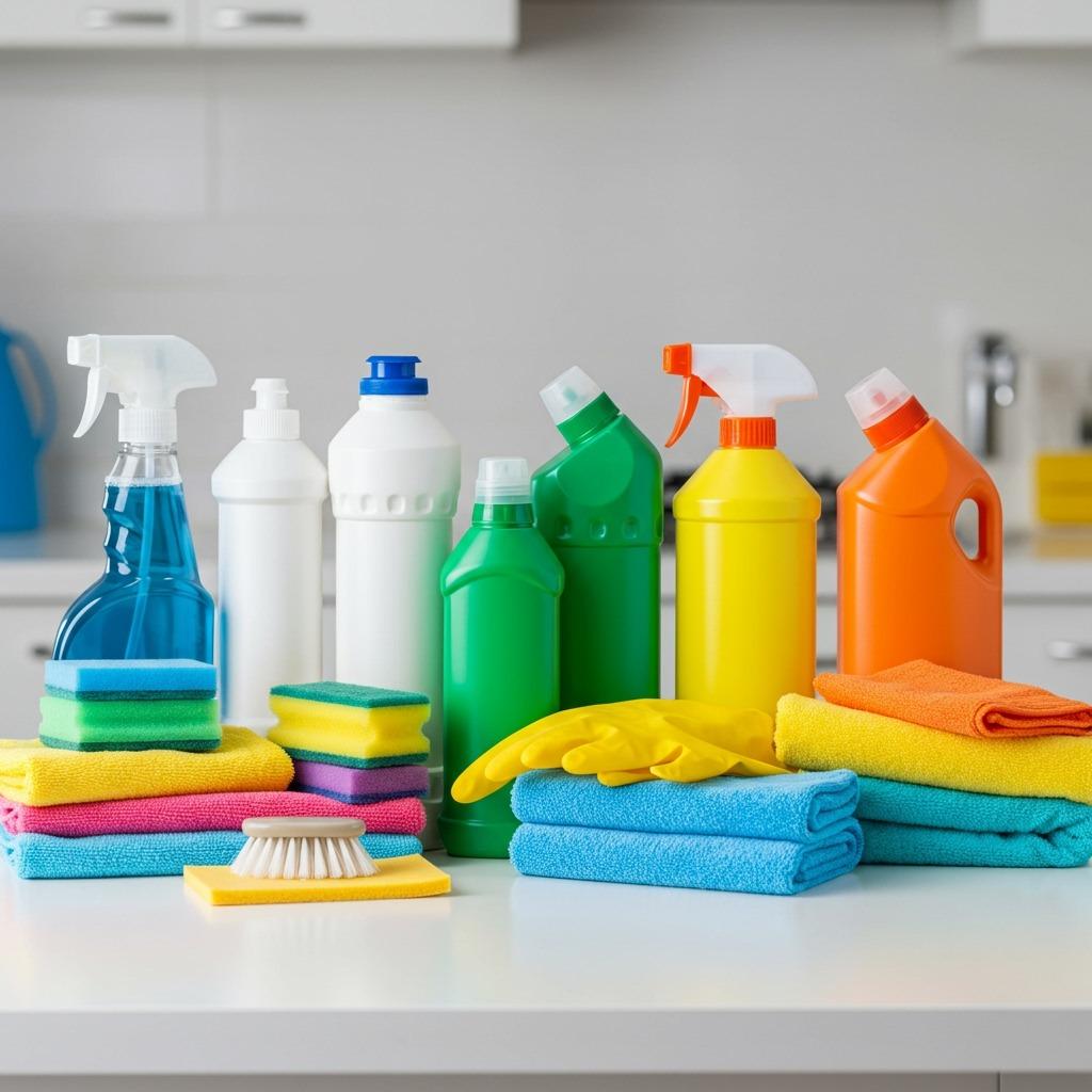 Well-organized cleaning supply kit laid out on a clean surface showing various bottles, cloths, and cleaning products with labels visible — neat, professional arrangement