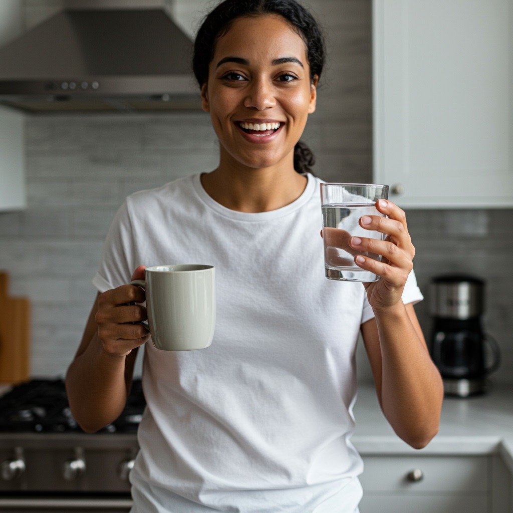 Person in modern kitchen holding a coffee mug in one hand and a glass of clear water in the other, demonstrating the rinsing technique with a bright, confident smile visible - lifestyle photography, natural morning light, health-conscious atmosphere