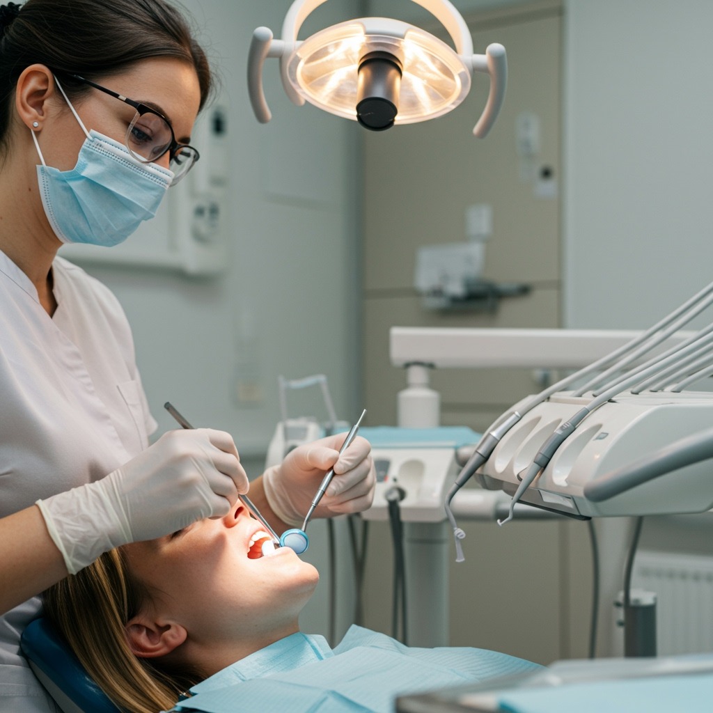 Dental hygienist performing professional teeth cleaning on a patient, showing dental tools and the cleaning process in action, focus on the bright overhead dental light and clean clinical environment - professional healthcare photography, sterile and reassuring atmosphere