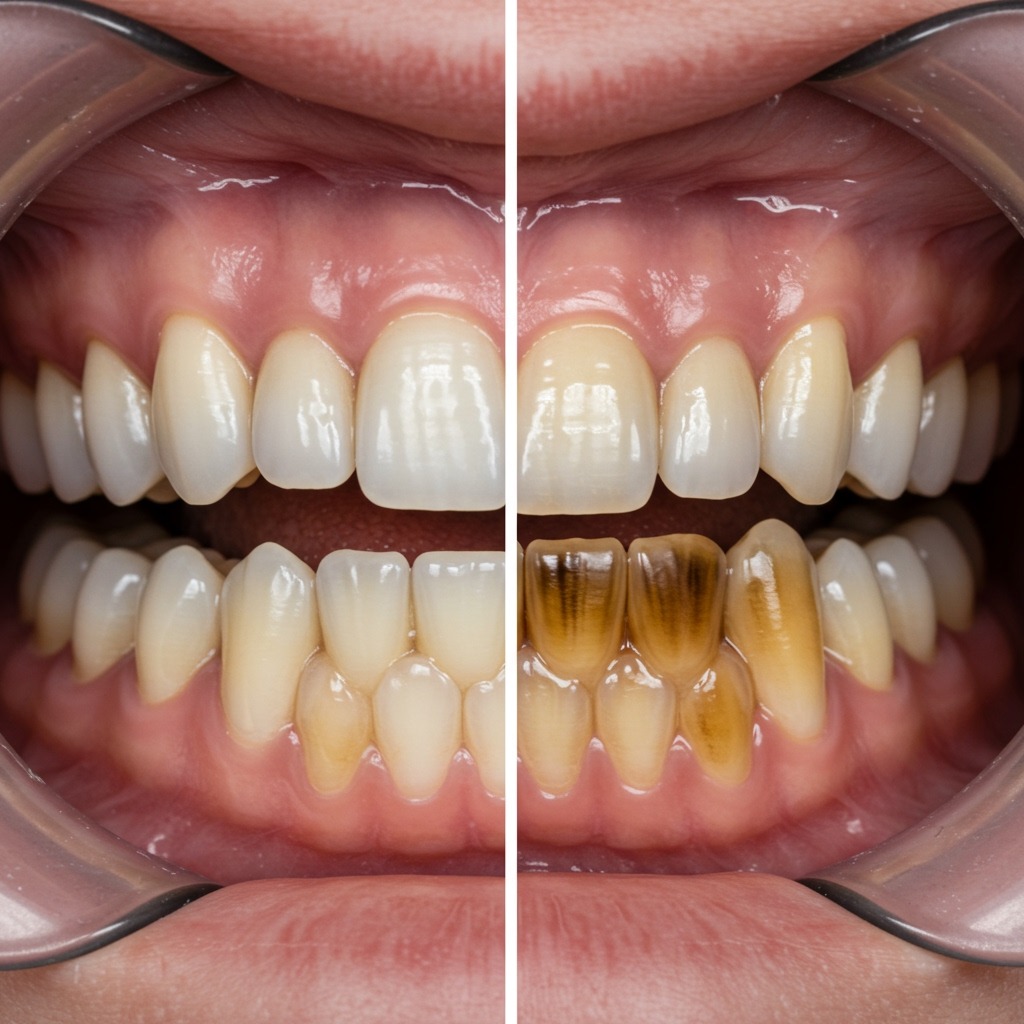 Side-by-side comparison of two sets of teeth - one set bright white and healthy, the other showing progressive coffee staining from light yellow to brown discoloration - clinical photography style, clean white background, dental professional lighting