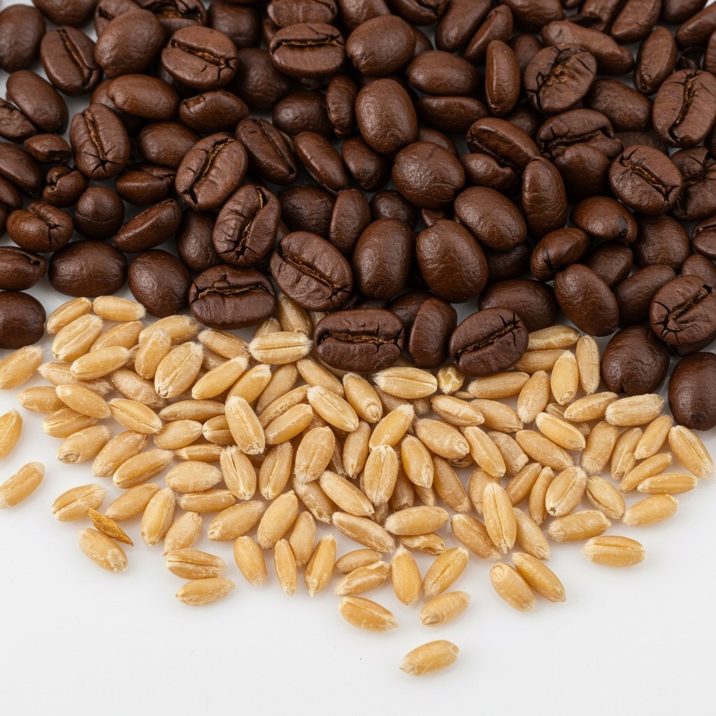 Close-up shot of natural coffee beans scattered next to wheat grains showing clear contrast between coffee and gluten-containing grains — bright natural lighting, educational comparison, clean white background