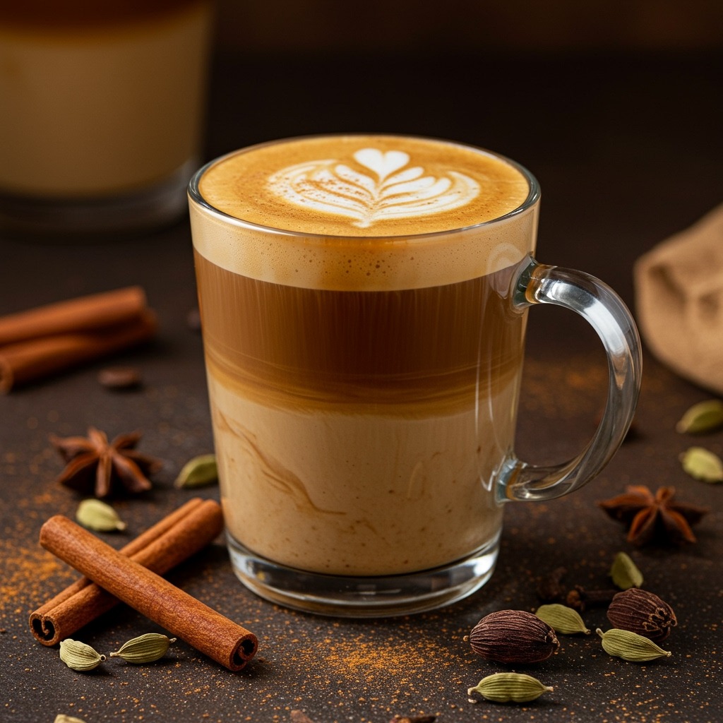 A beautifully styled dirty chai latte in a clear glass mug showing the layered colors - dark espresso swirling through the creamy spiced chai, with visible foam on top, cinnamon sticks and cardamom pods scattered around the base, shot from a slight angle with warm, golden lighting