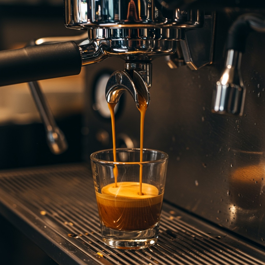 Close-up shot of a professional espresso machine pulling a double shot with rich golden crema flowing into a small glass cup — café setting, steam and brewing process visible, warm lighting highlighting the crema