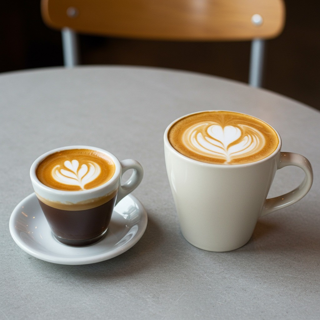 Side-by-side comparison of a traditional espresso macchiato and a caffè latte on a clean café table, showing the stark size difference and visual appearance — the small macchiato in an espresso cup with its distinctive white foam mark, next to the larger latte in a ceramic mug with smooth, creamy appearance — professional coffee shop lighting, clear detail