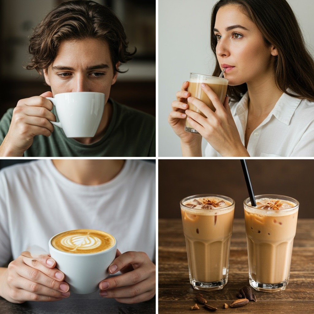 A split-screen or collage showing three scenes: a tired person holding a regular coffee cup looking jittery, another person peacefully sipping a dirty chai with a satisfied expression, and a third scene showing both hot and iced versions of dirty chai side by side, emphasizing versatility and balance
