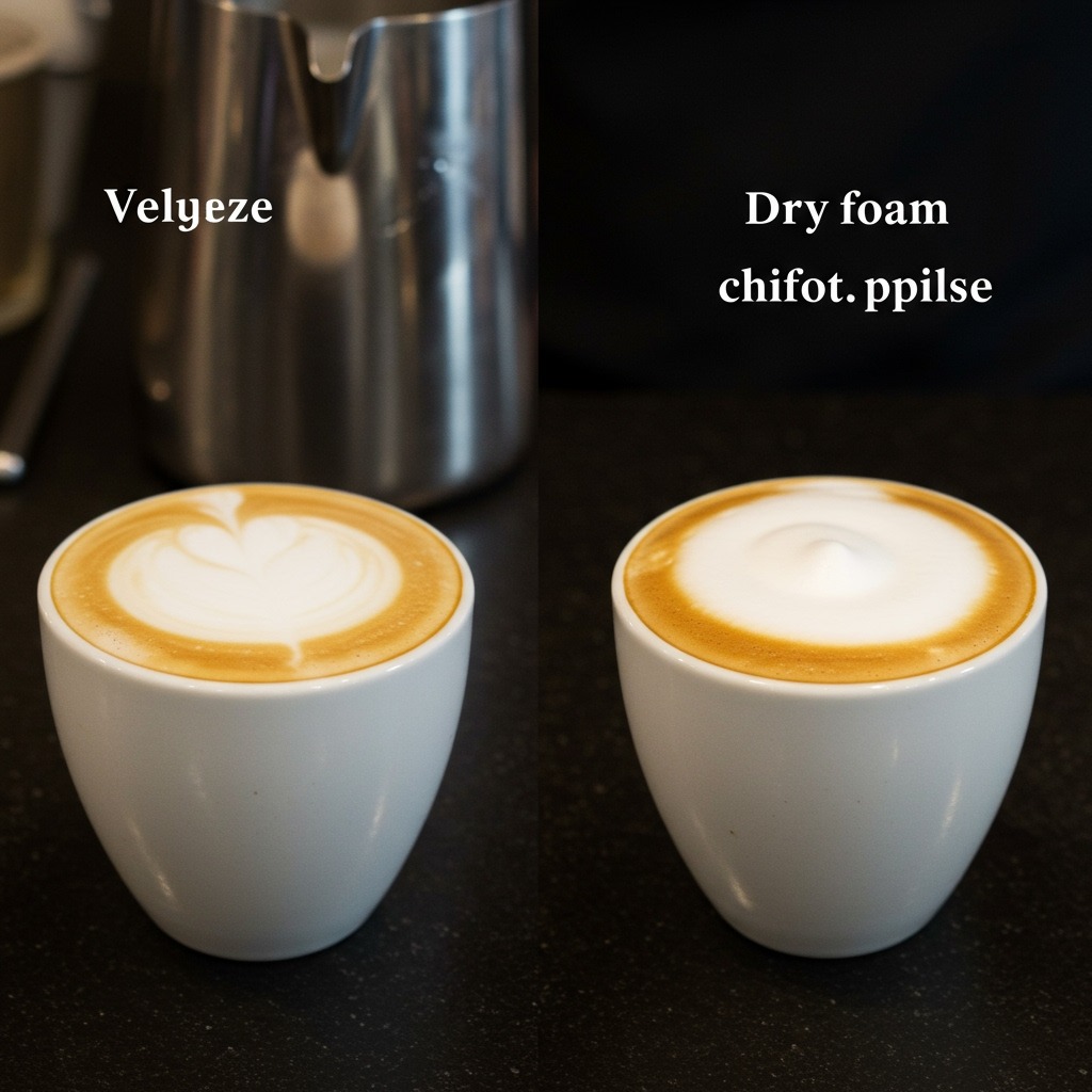 Side-by-side comparison showing steamed milk textures - one cup with velvety microfoam for latte and another with thick dry foam for cappuccino — professional barista workspace, clear distinction between foam types, educational demonstration