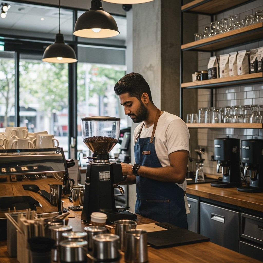 Coffee shop scene showing barista using commercial coffee grinder with various coffee bean containers nearby — busy café environment, professional equipment, cross-contamination awareness focus